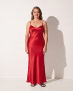 Evangeline | Black Satin Open Back Evening Dress — Red