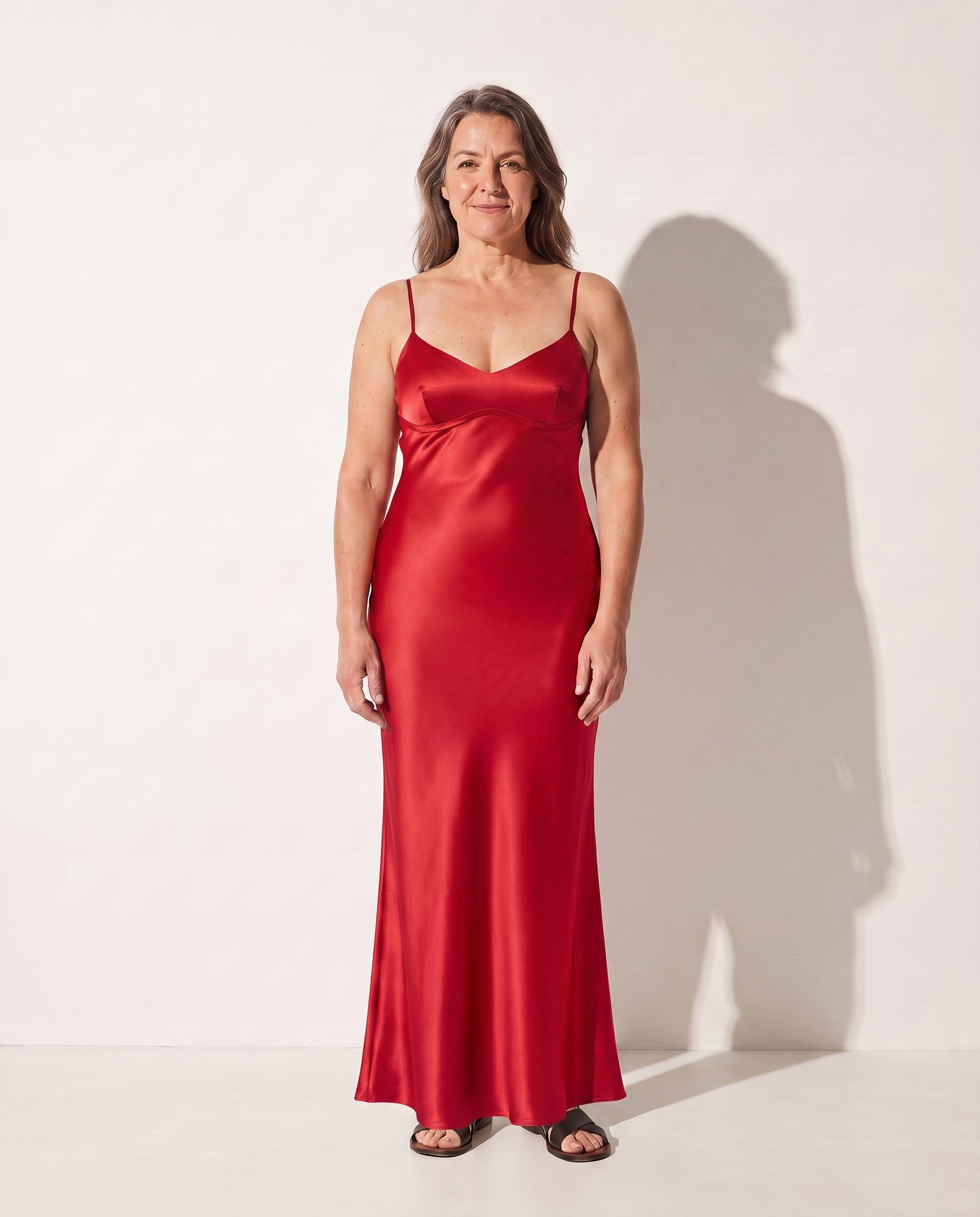 Evangeline | Black Satin Open Back Evening Dress — Red