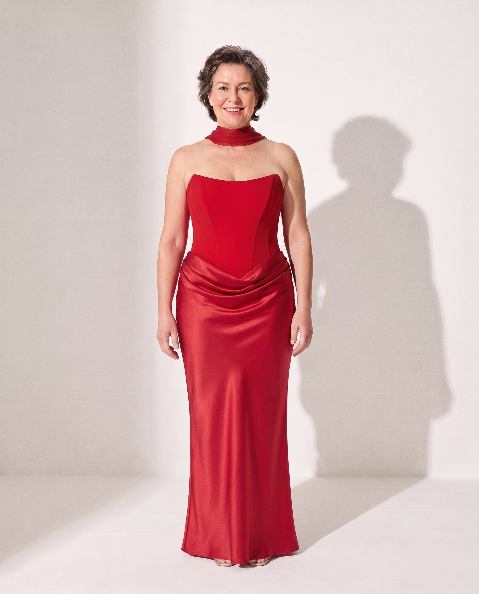 Persephone | Black Corset Dress Strapless Satin Maxi Gown — Red