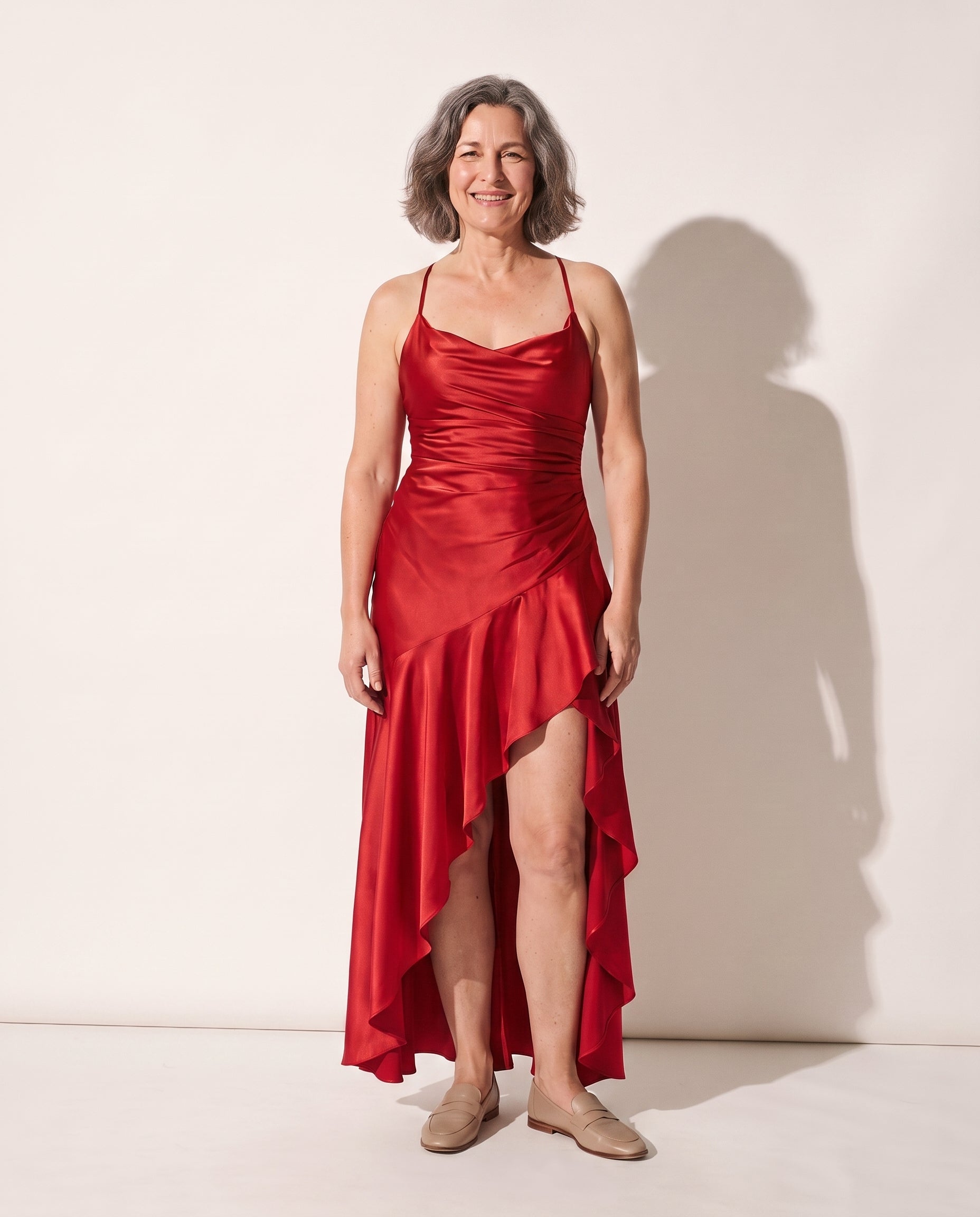 Henriette | Women Cowl Neck Satin Slip Maxi Dress — Red