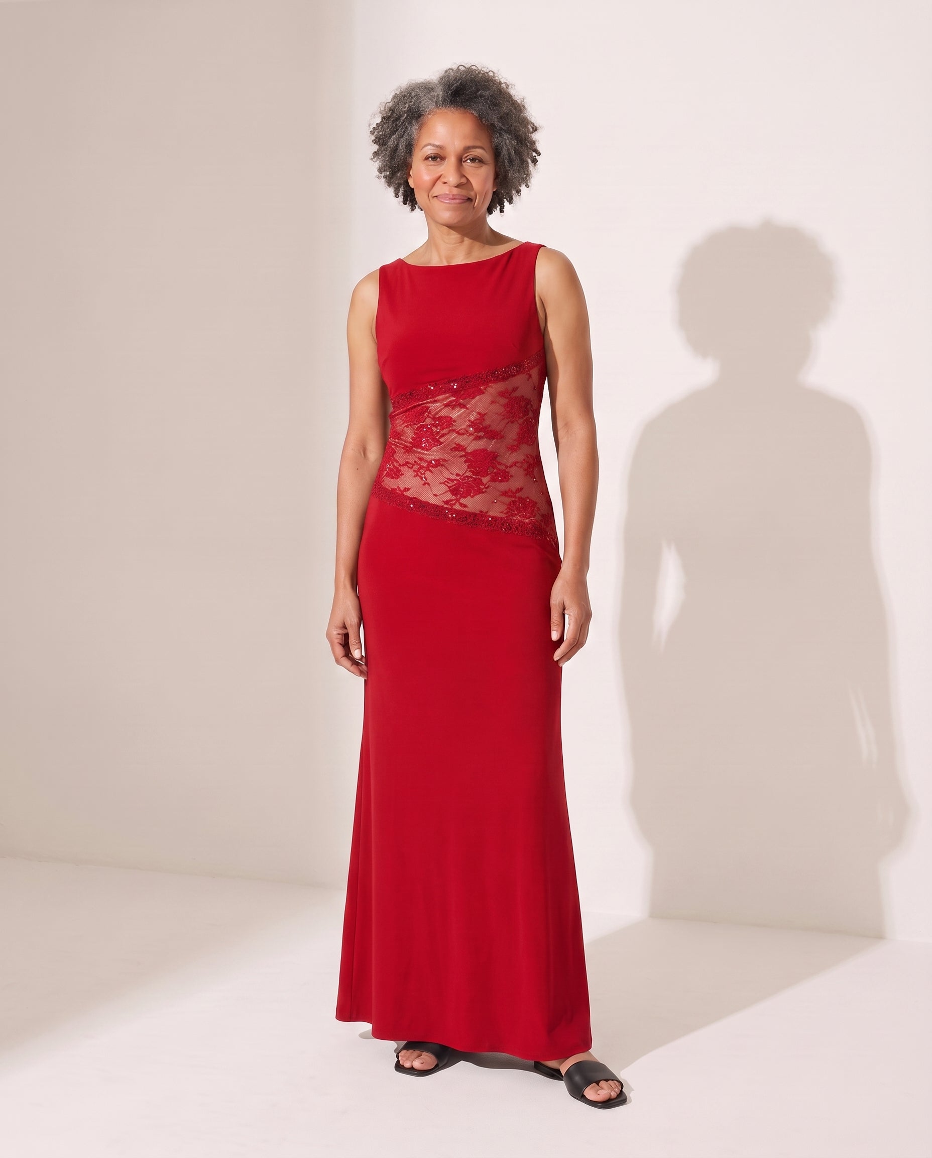 Capucine | Black Lace Cutout Maxi Evening Dress — Red