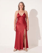 Penelope | Long Sleeve Satin Maxi Dress Evening Occasions — Red