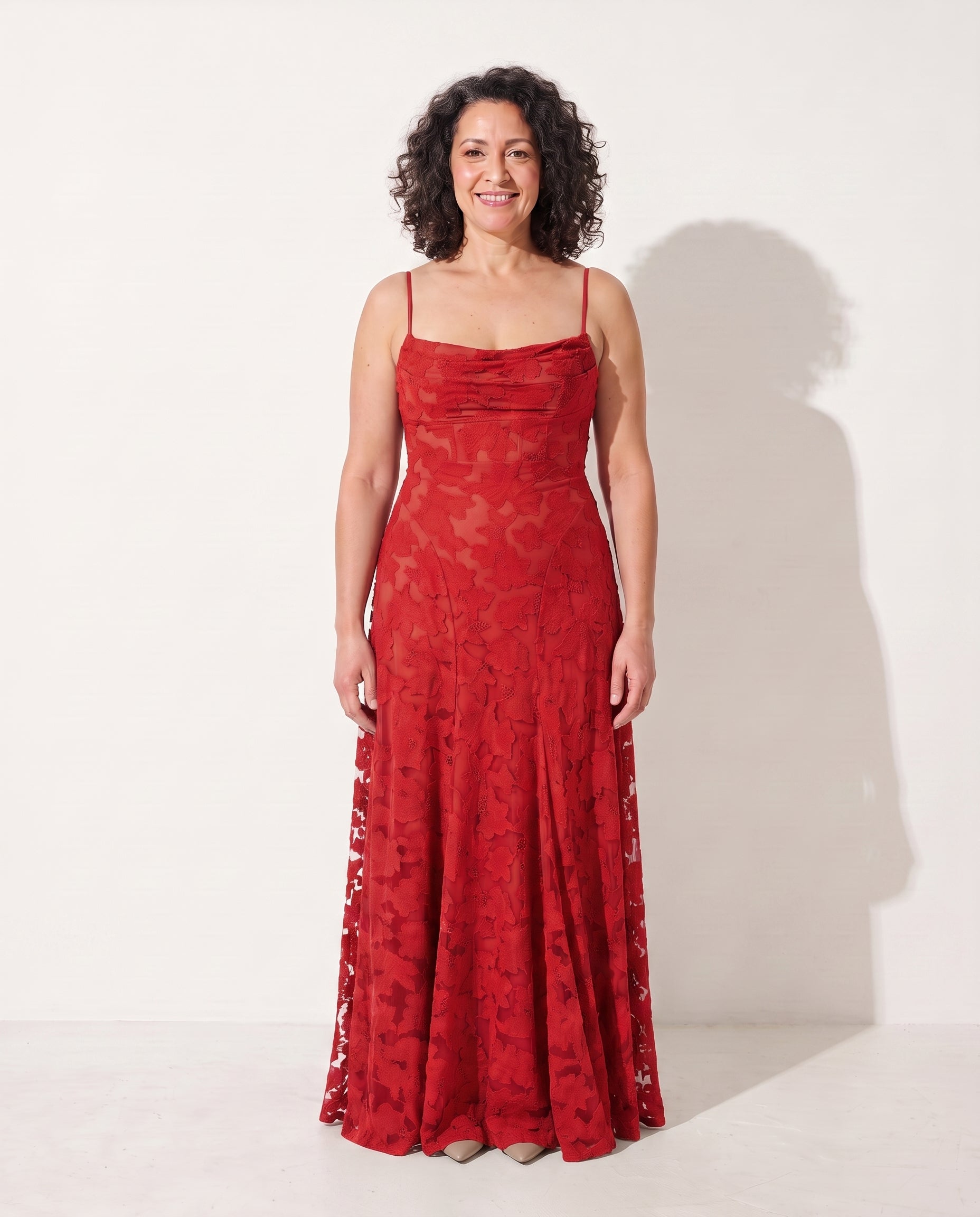 Edith | Textured Floral Formal Dresses Maxi Occasion — Red