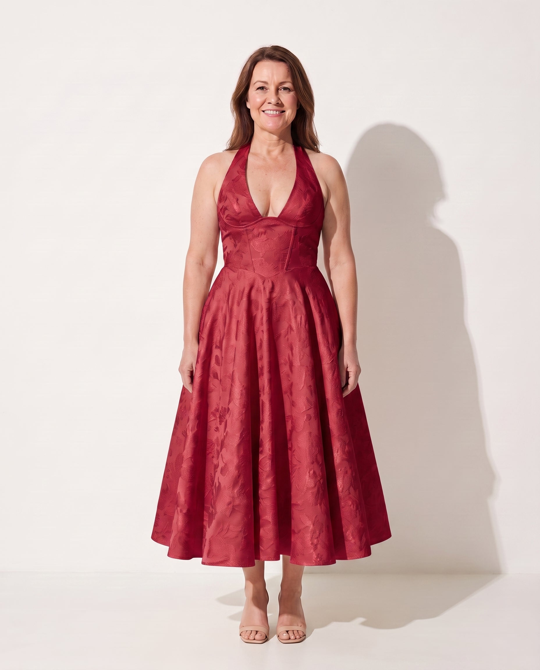 Xanthe | Velvet Halter Neck Midi Dress Wedding Guest — Red