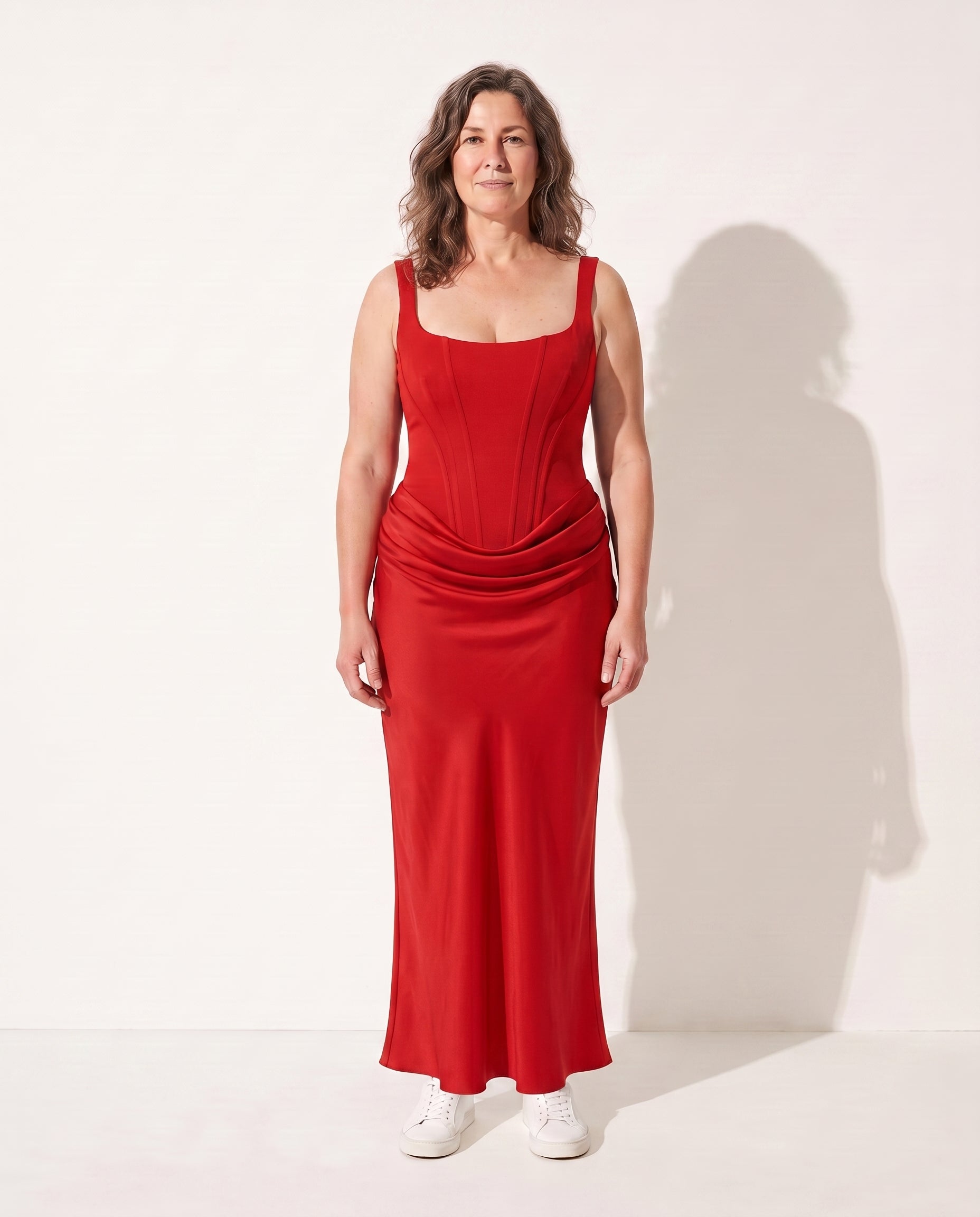 Ursula | Women Square Neck Corset Lace Maxi Wedding Dress — Red