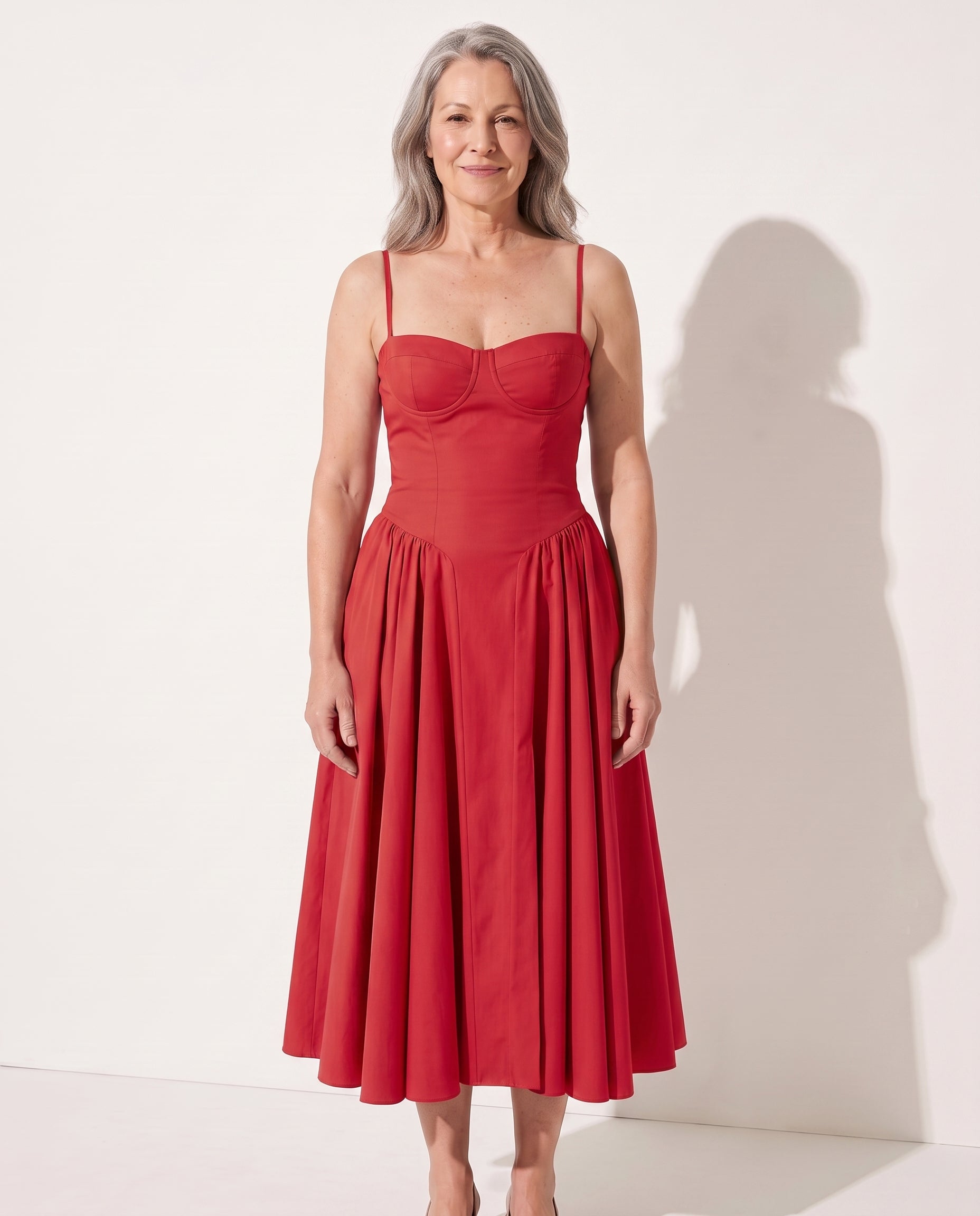 Aurelia | Red Corset Midi Dress Sweetheart Neckline Occasion — Red