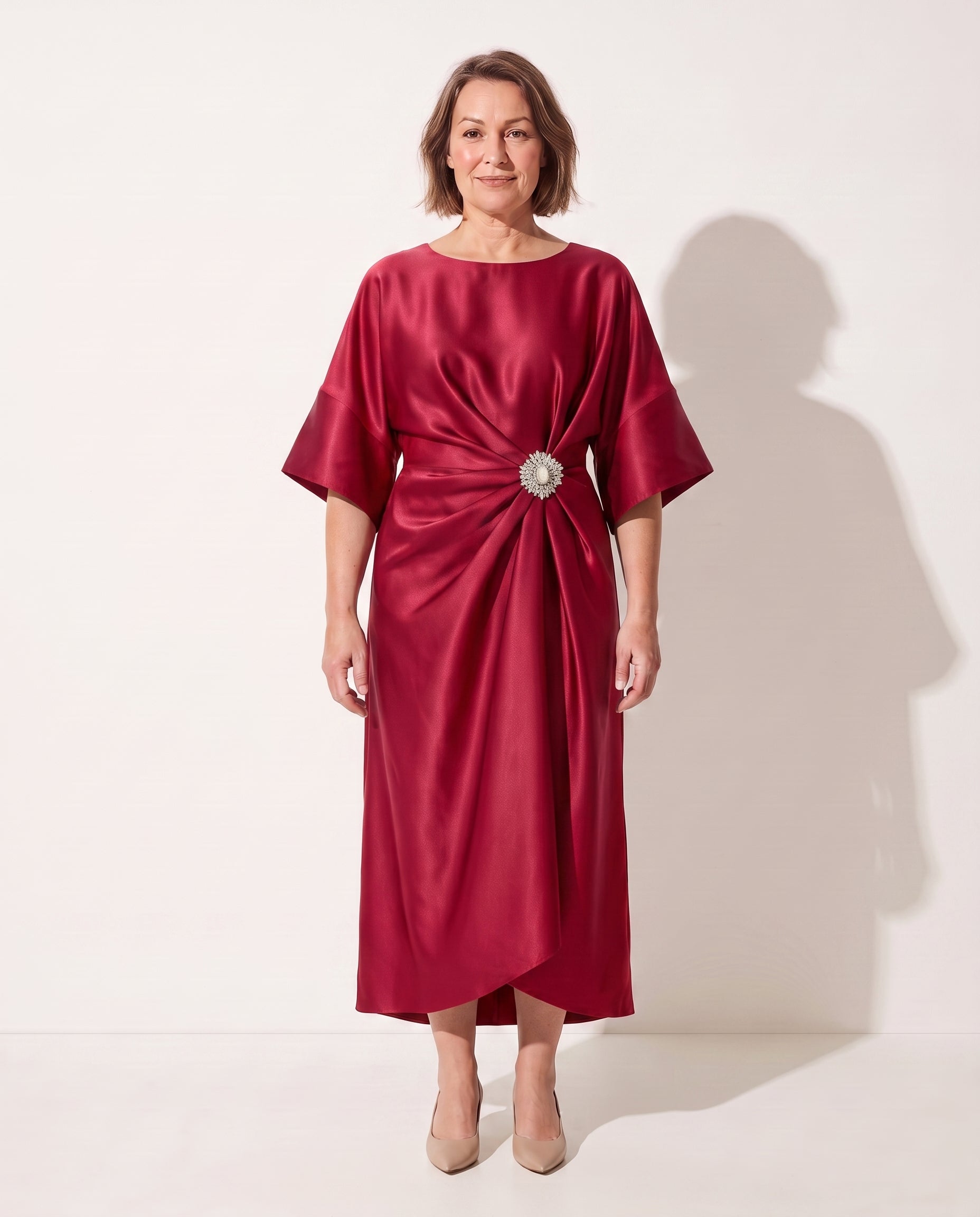 Quintessa | Satin Brooch Midi Dress Kimono Sleeve — Red
