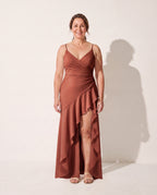 Rosalind | Long Sleeve Satin Maxi Dress Cowl Neck Evening Gown — Rust