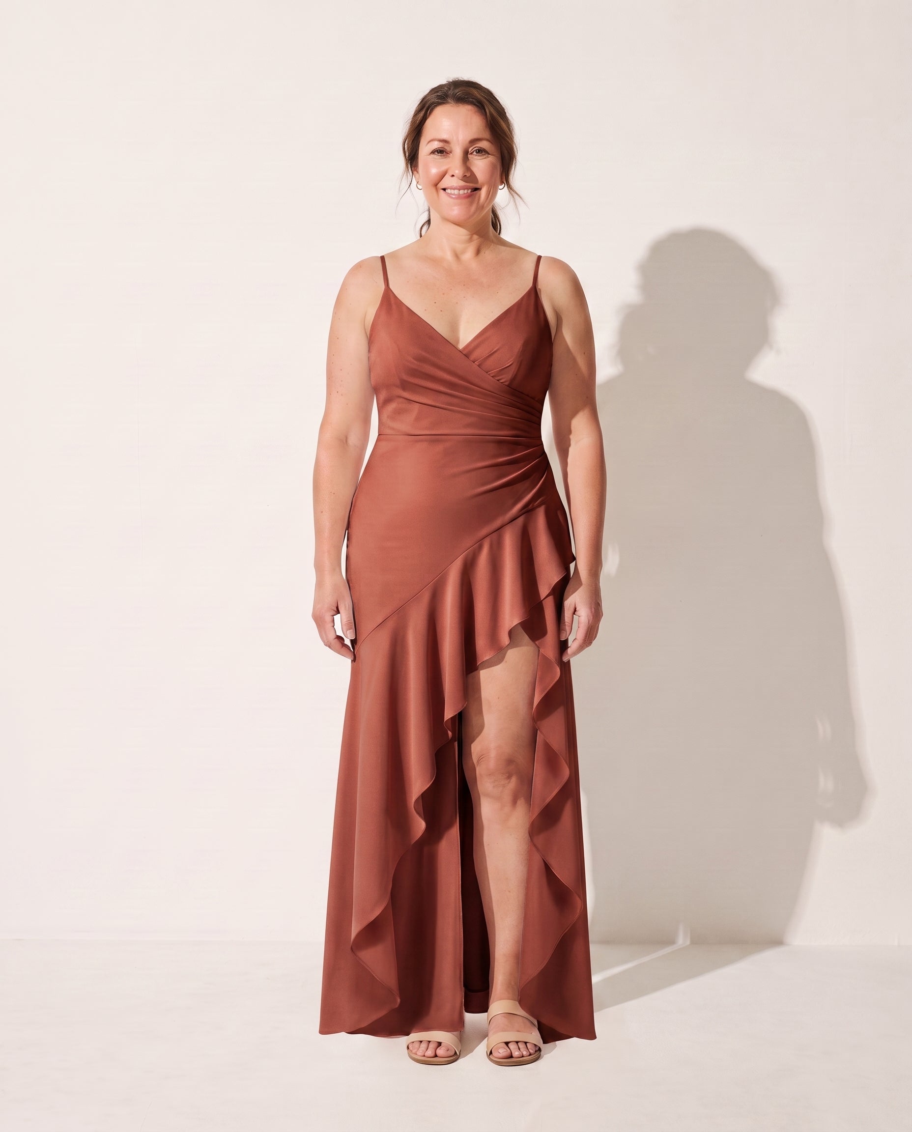 Rosalind | Long Sleeve Satin Maxi Dress Cowl Neck Evening Gown — Rust