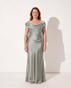 Lucienne | Long Sleeve Satin Dress One Shoulder Corset Maxi — Sage