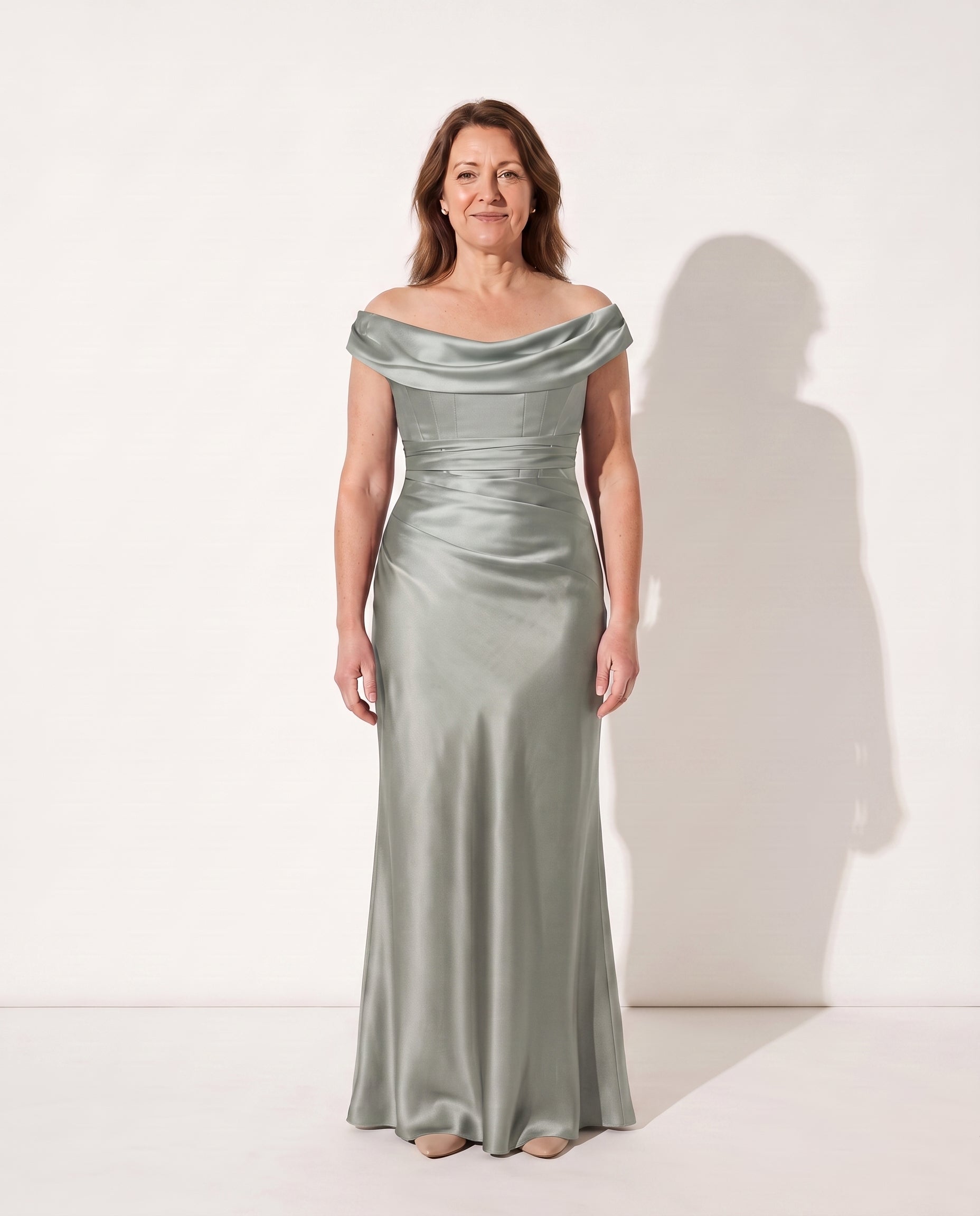 Lucienne | Long Sleeve Satin Dress One Shoulder Corset Maxi — Sage