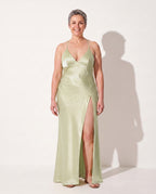 Francesca | Satin Dress High Split Maxi Evening Occasion Gown — Sage
