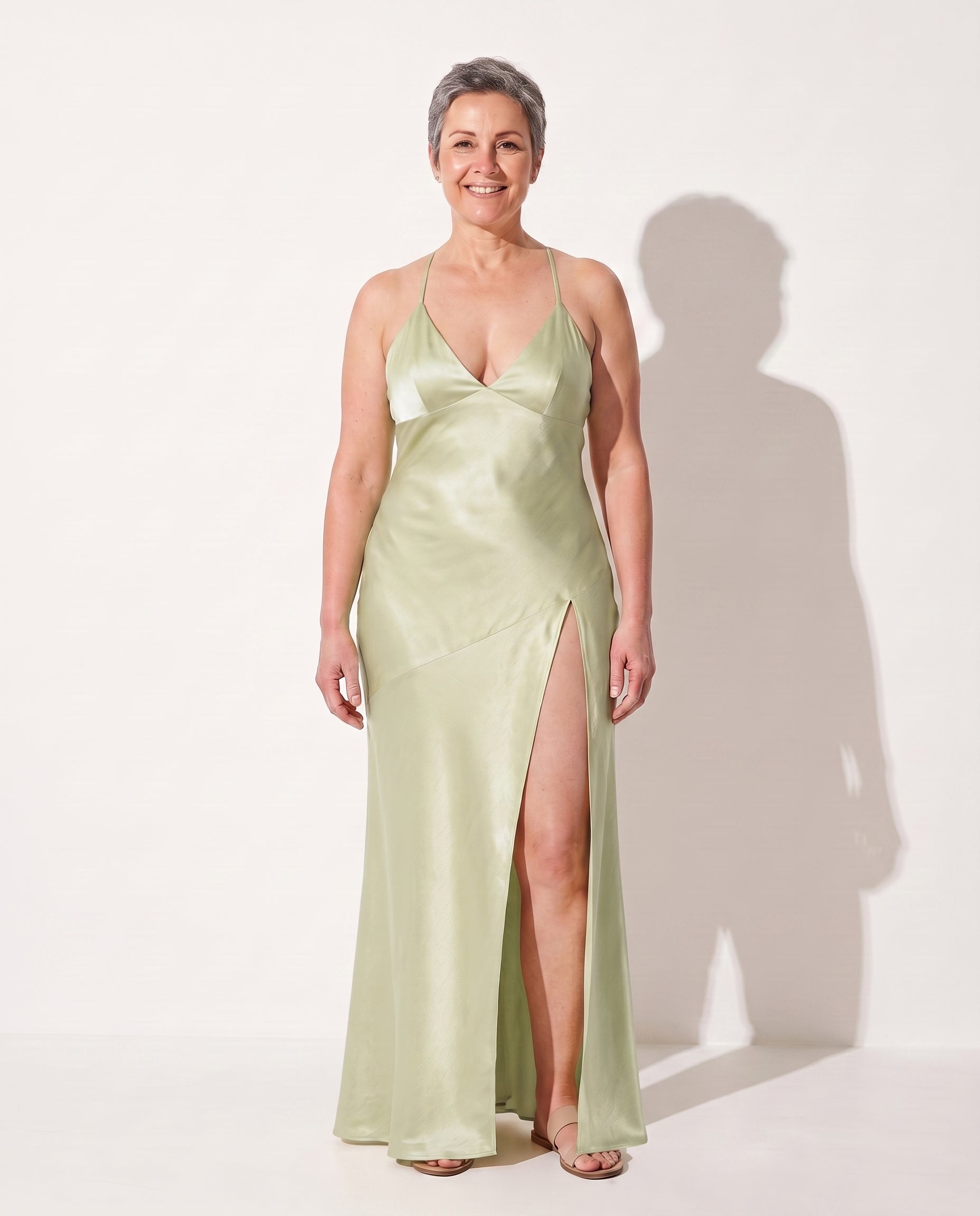 Francesca | Satin Dress High Split Maxi Evening Occasion Gown — Sage