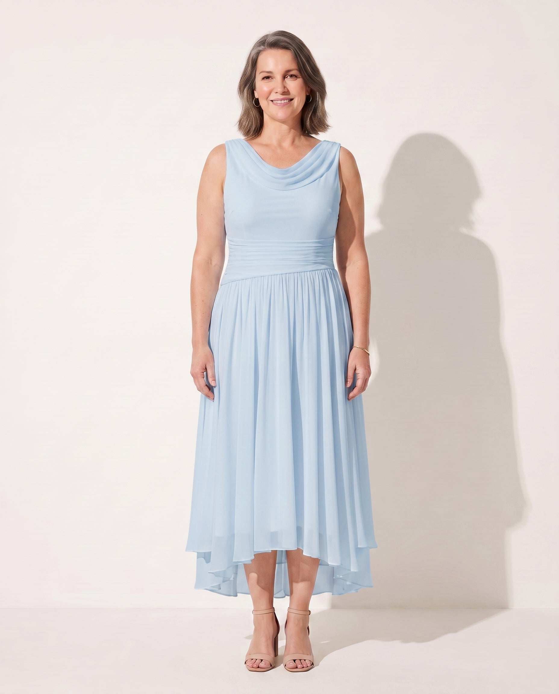 Fleur | Long Sleeve Draped Neck Pleated Midi Dress — Sky Blue
