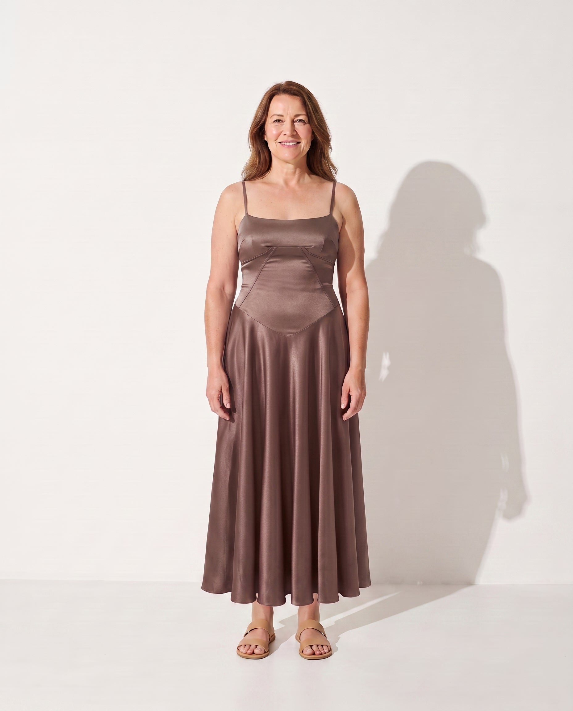 Isadora | Long Sleeve Satin Wedding Guest Dress — Taupe