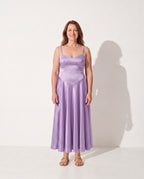 Isadora | Long Sleeve Satin Wedding Guest Dress — Violet