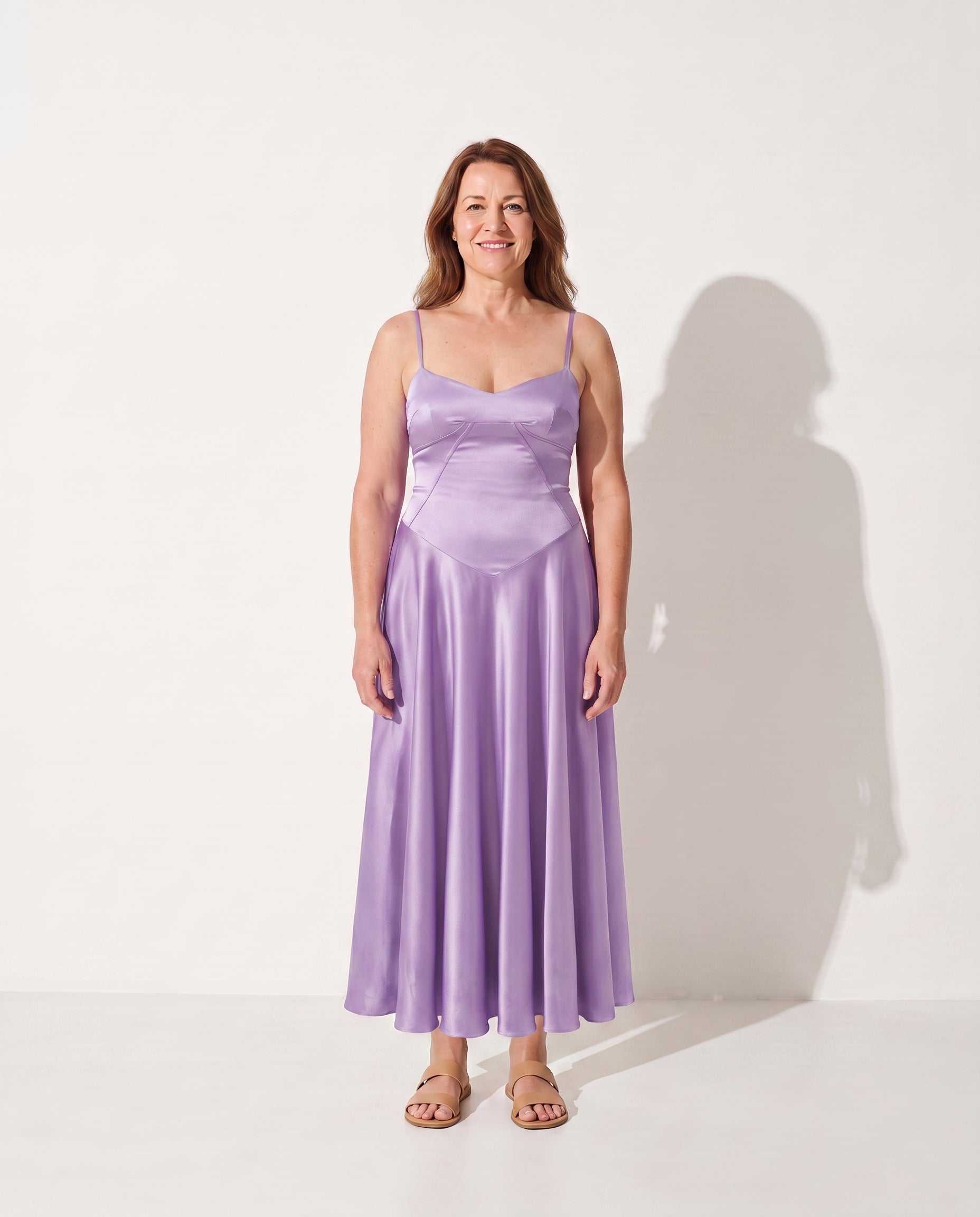 Isadora | Long Sleeve Satin Wedding Guest Dress — Violet