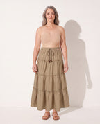 Pascale | Bohemian Pleated Maxi Dresses in Flowing Khaki — voorkant