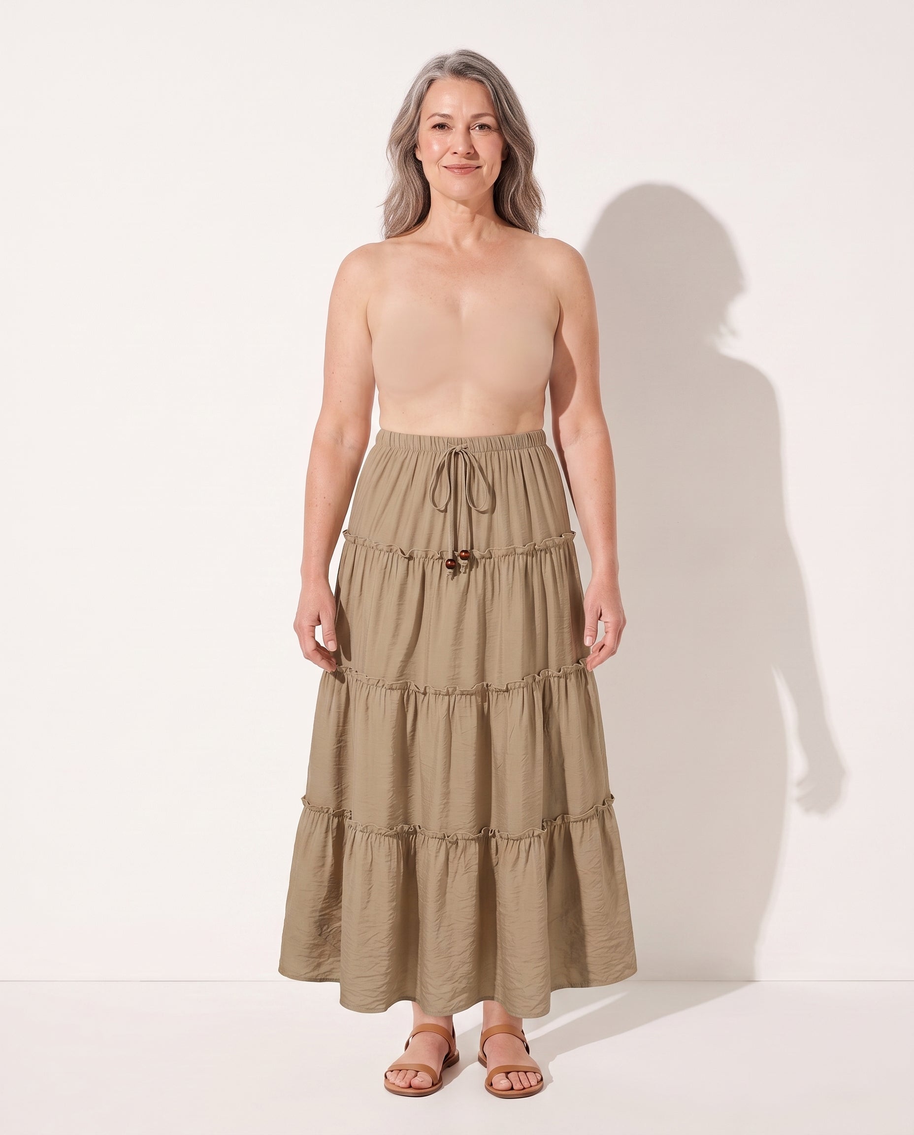 Pascale | Bohemian Pleated Maxi Dresses in Flowing Khaki — voorkant