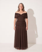 Apolline | Bebe Off Shoulder Ruched Evening Dresses — voorkant