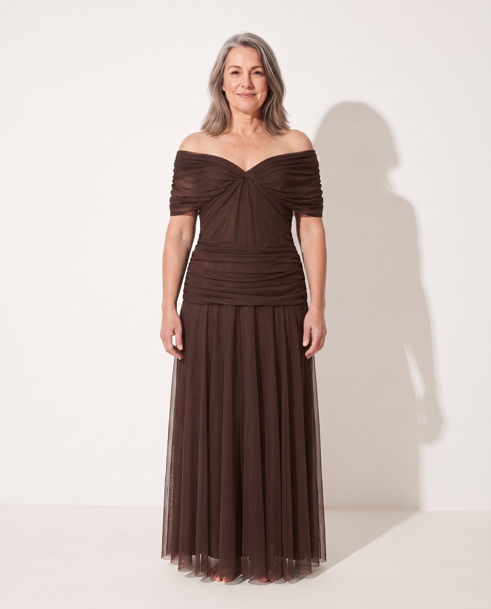 Apolline | Bebe Off Shoulder Ruched Evening Dresses — voorkant
