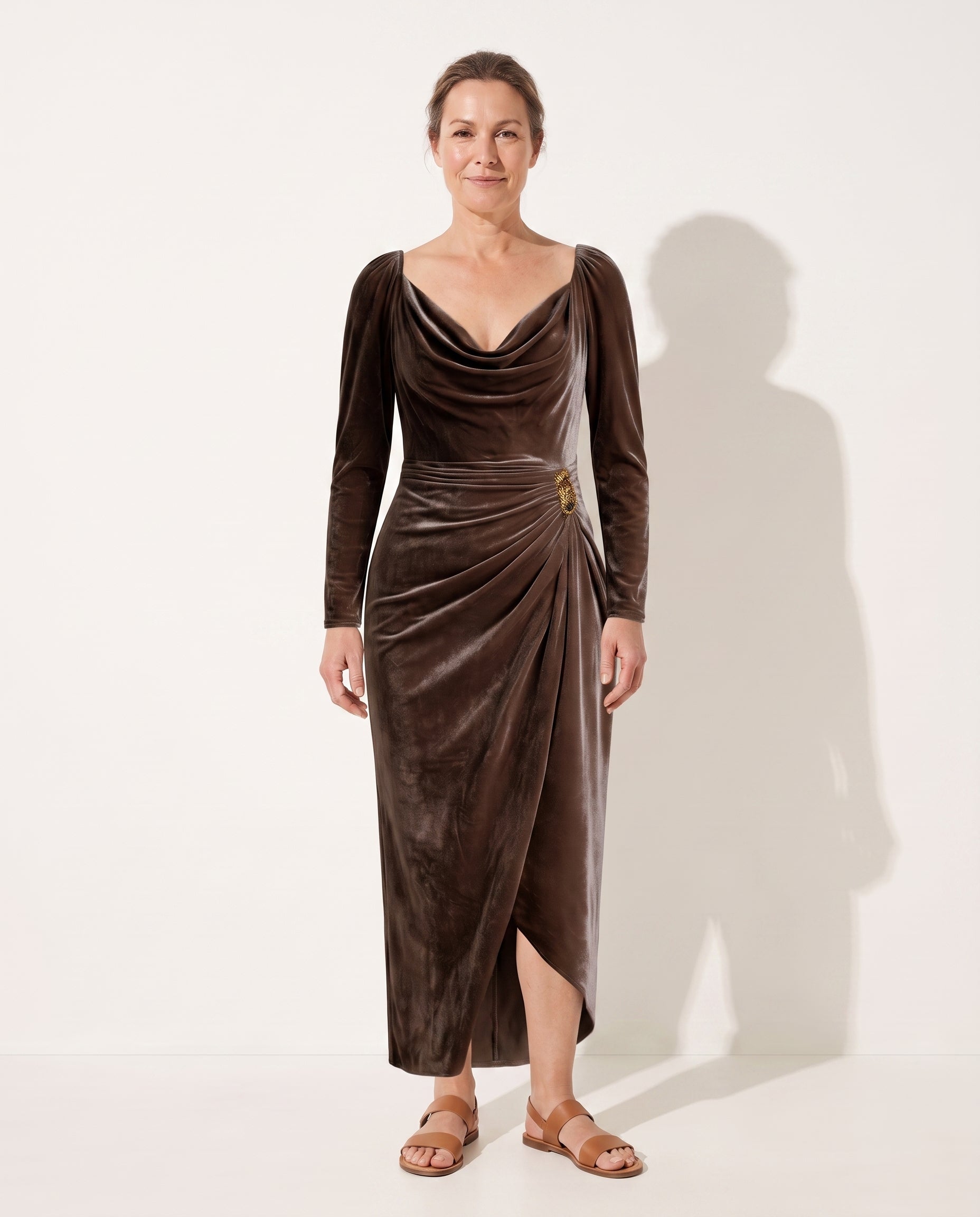 Mirabelle | Formal Midi Dress In Soft Drape Fabric — voorkant