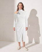 Edith | Ruched One Shoulder Midi Wedding Guest Dress — voorkant