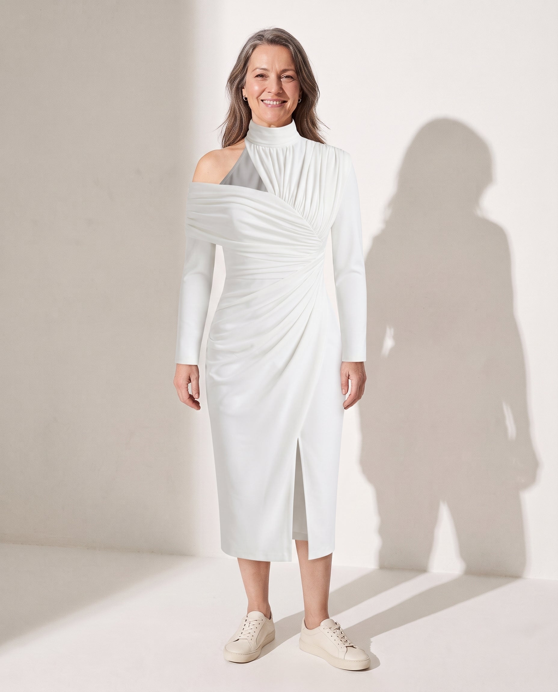 Edith | Ruched One Shoulder Midi Wedding Guest Dress — voorkant