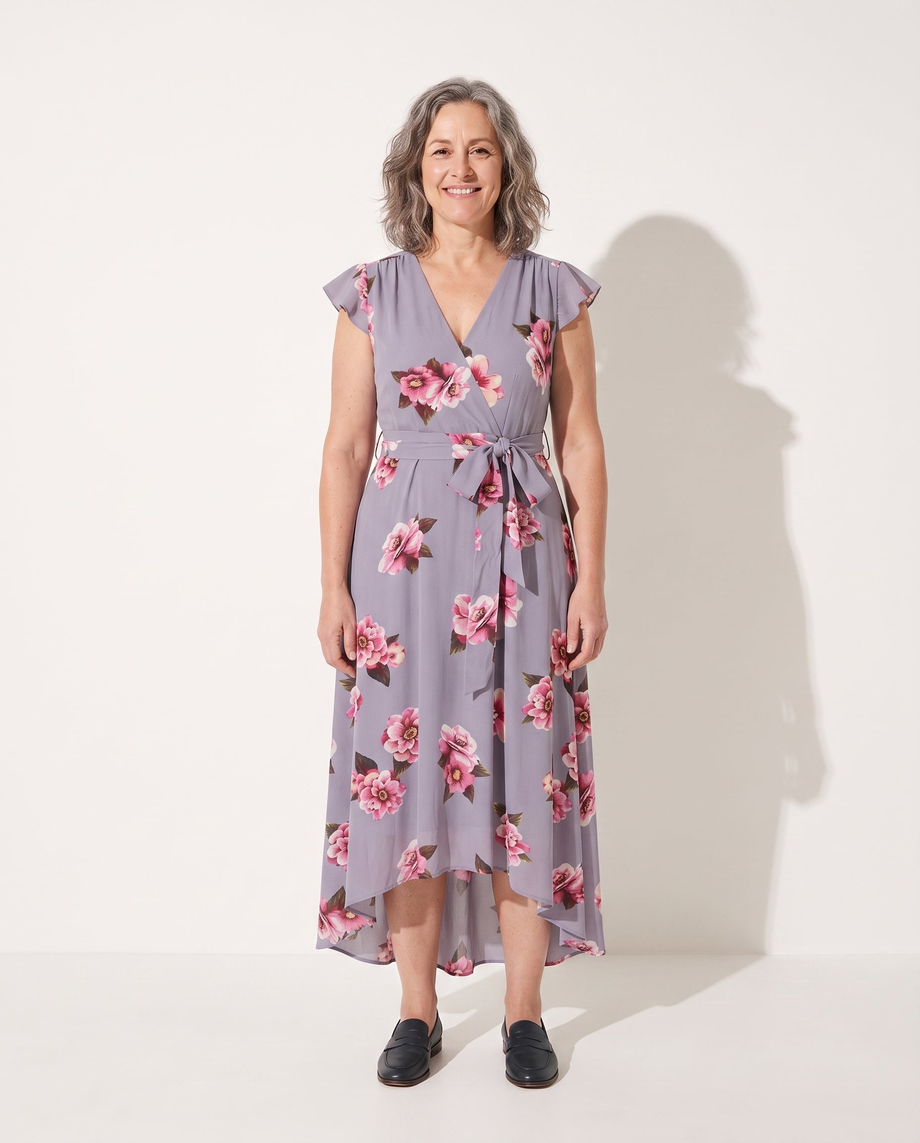 Maelys | Floral Print Midi Dress with Tie Waist for Weddings — voorkant