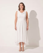 Fleur | Long Sleeve Draped Neck Pleated Midi Dress — voorkant