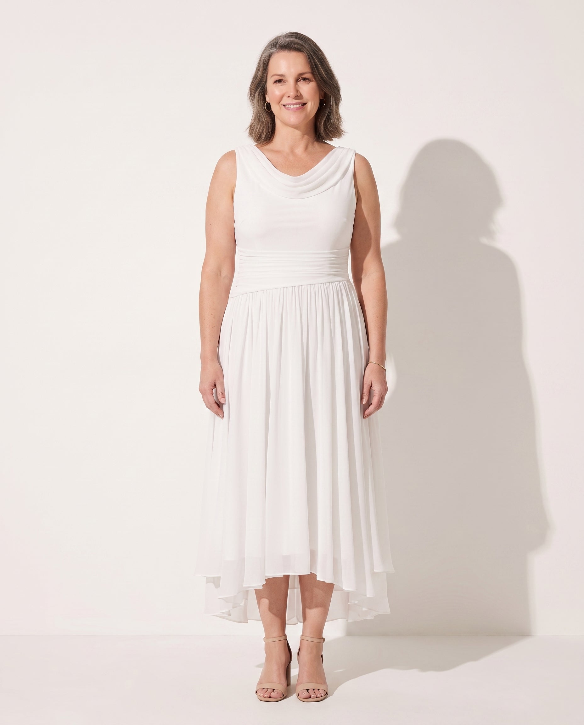 Fleur | Long Sleeve Draped Neck Pleated Midi Dress — voorkant