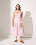 Persephone | Corset Midi Wedding Guest Dress With Full Skirt — voorkant