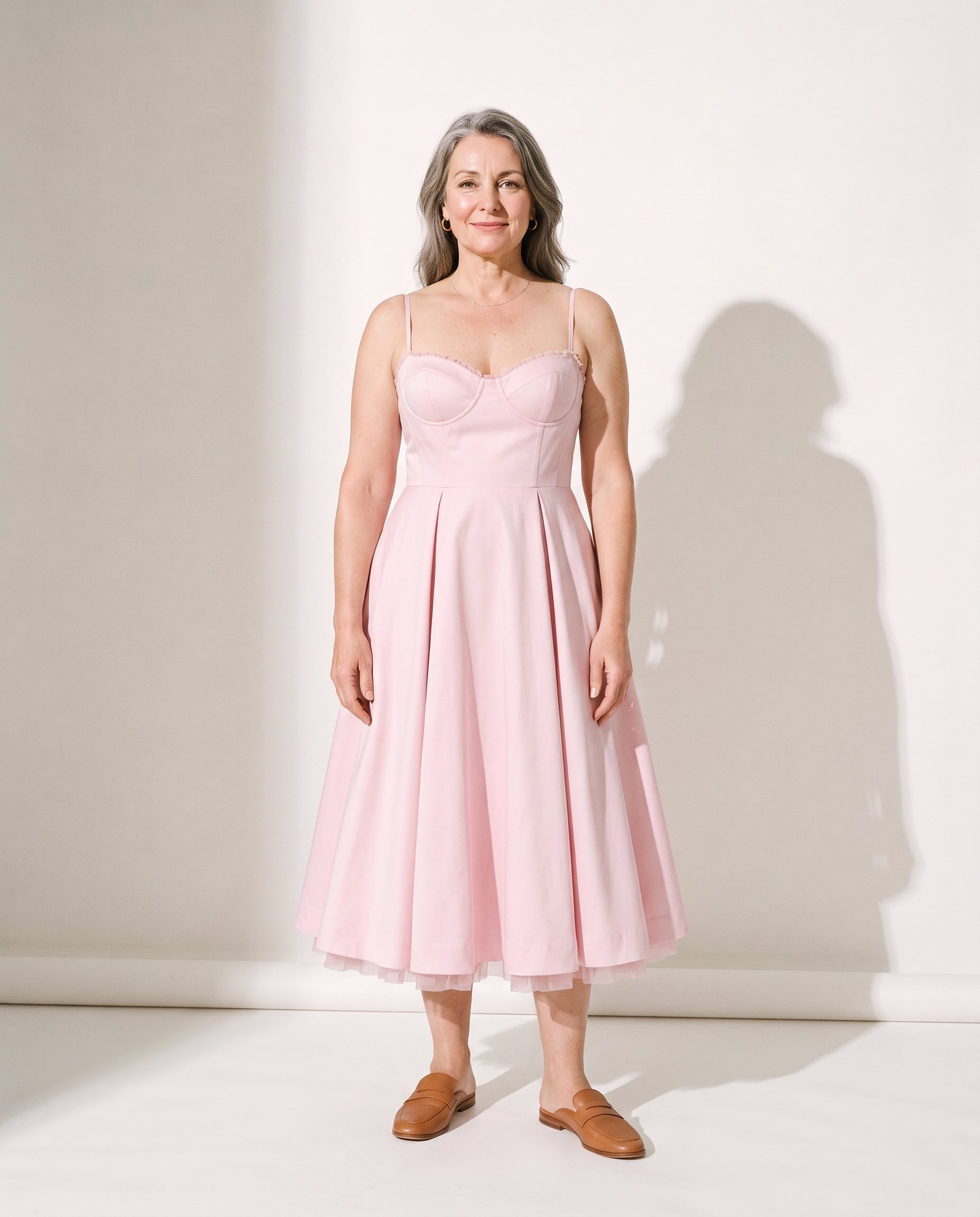 Persephone | Corset Midi Wedding Guest Dress With Full Skirt — voorkant