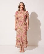 Albane | Floral Print Puff Sleeve Ruffle Maxi Dress — voorkant