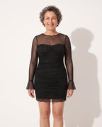 Daphne | Black Ruched Bodycon Mini Dress Long Sleeve Cocktail — voorkant