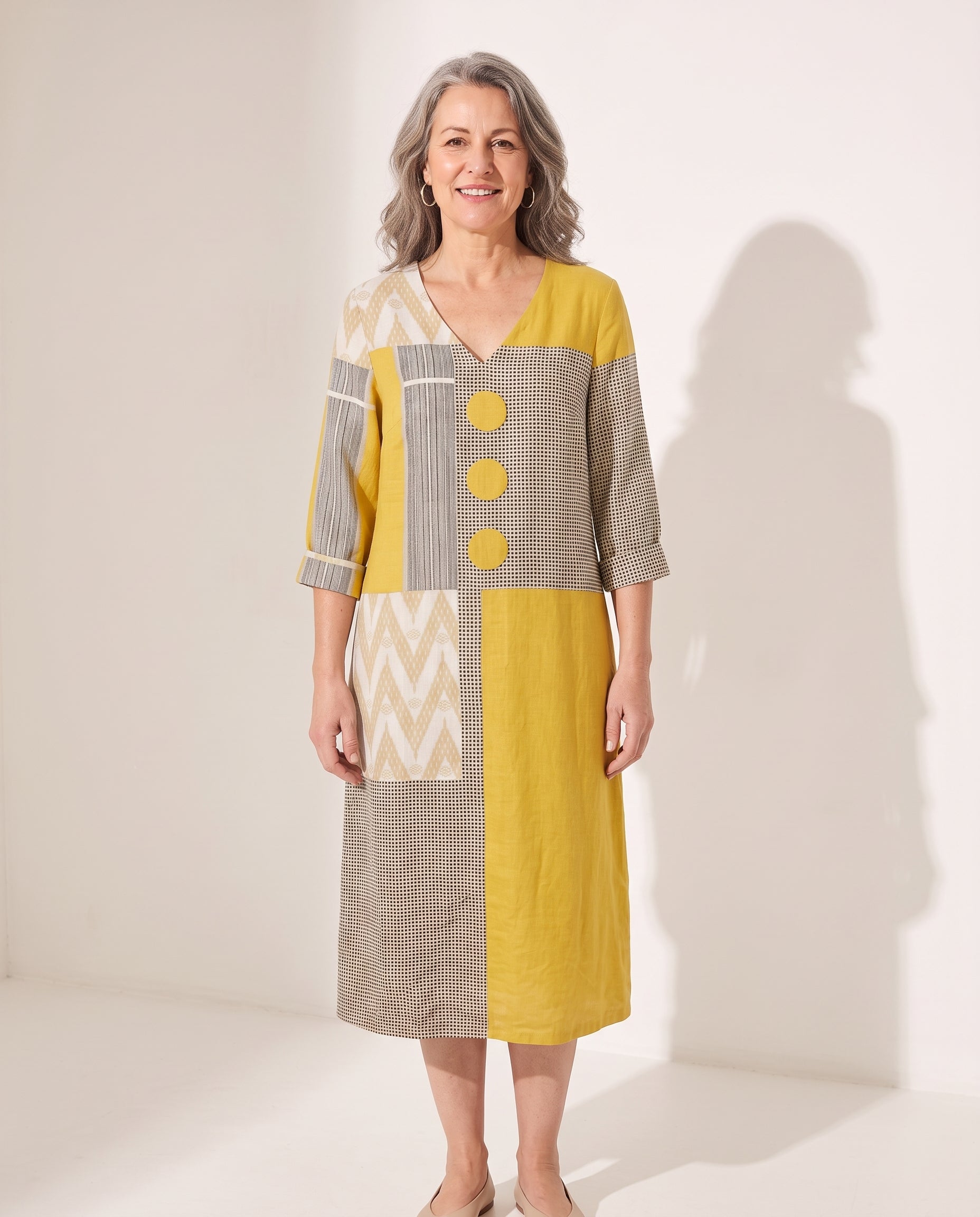 Rosanna | Women Long Sleeve Patchwork Midi Dress Resort Wear — voorkant