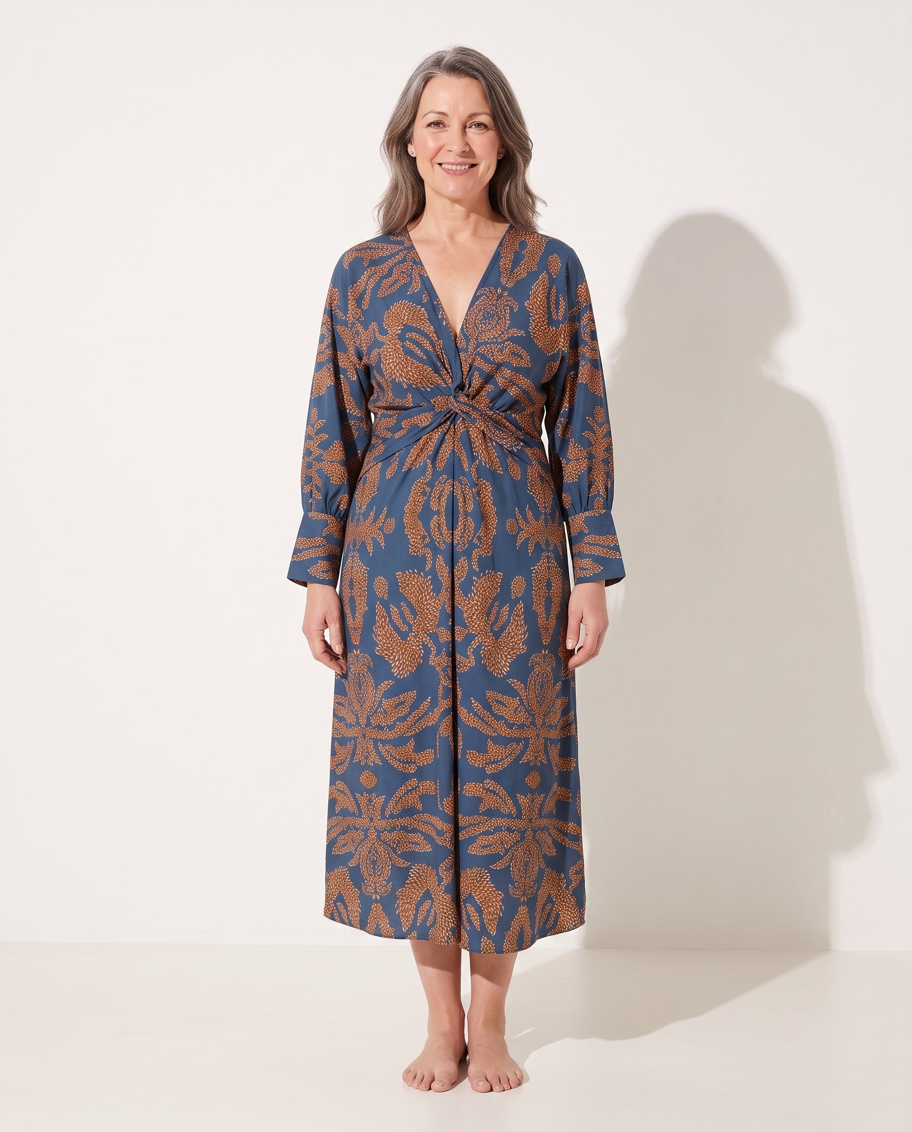 Helena | Long Sleeve Wrap Dress Midi Print Wedding Guest — voorkant