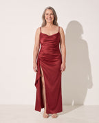 Honorine | Black Ruched Satin Bodycon Maxi Dress — voorkant