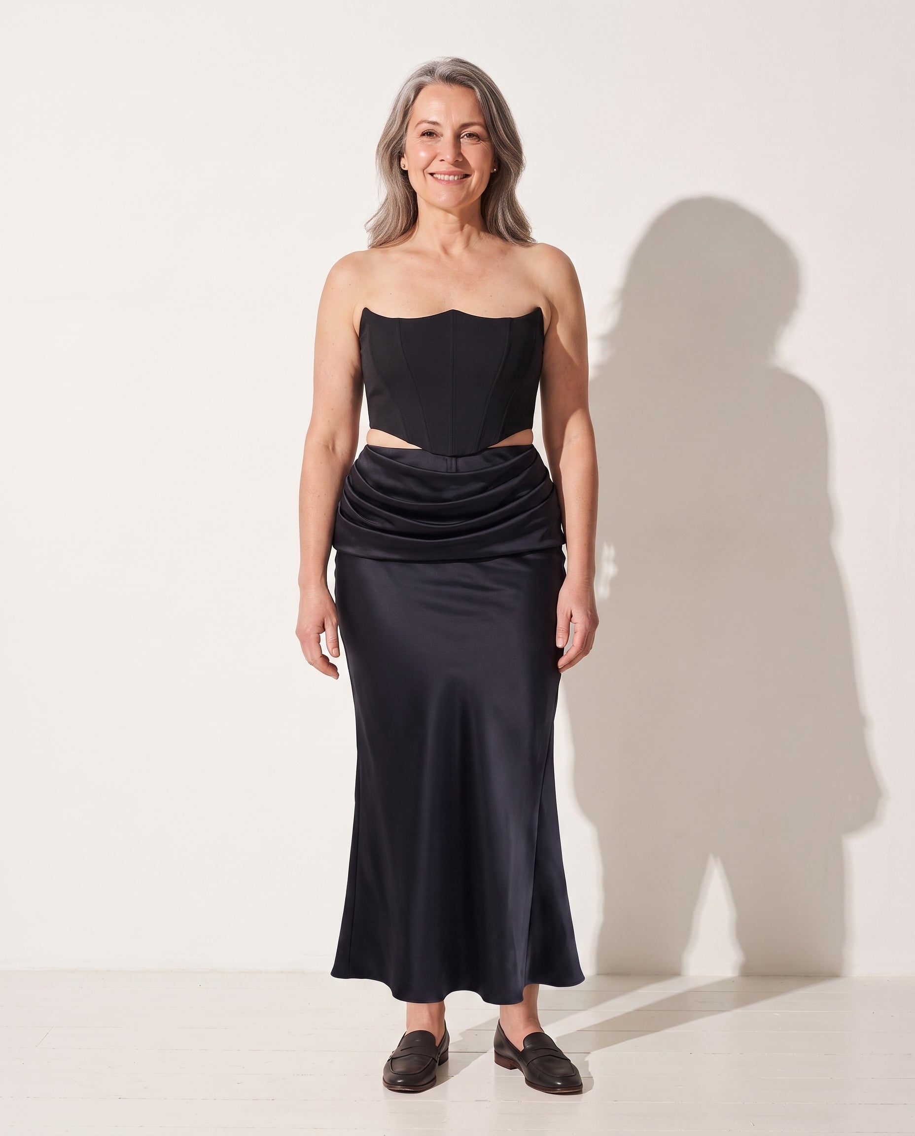 Faustine | Brown Satin Strapless Maxi Dress Evening Gown — voorkant