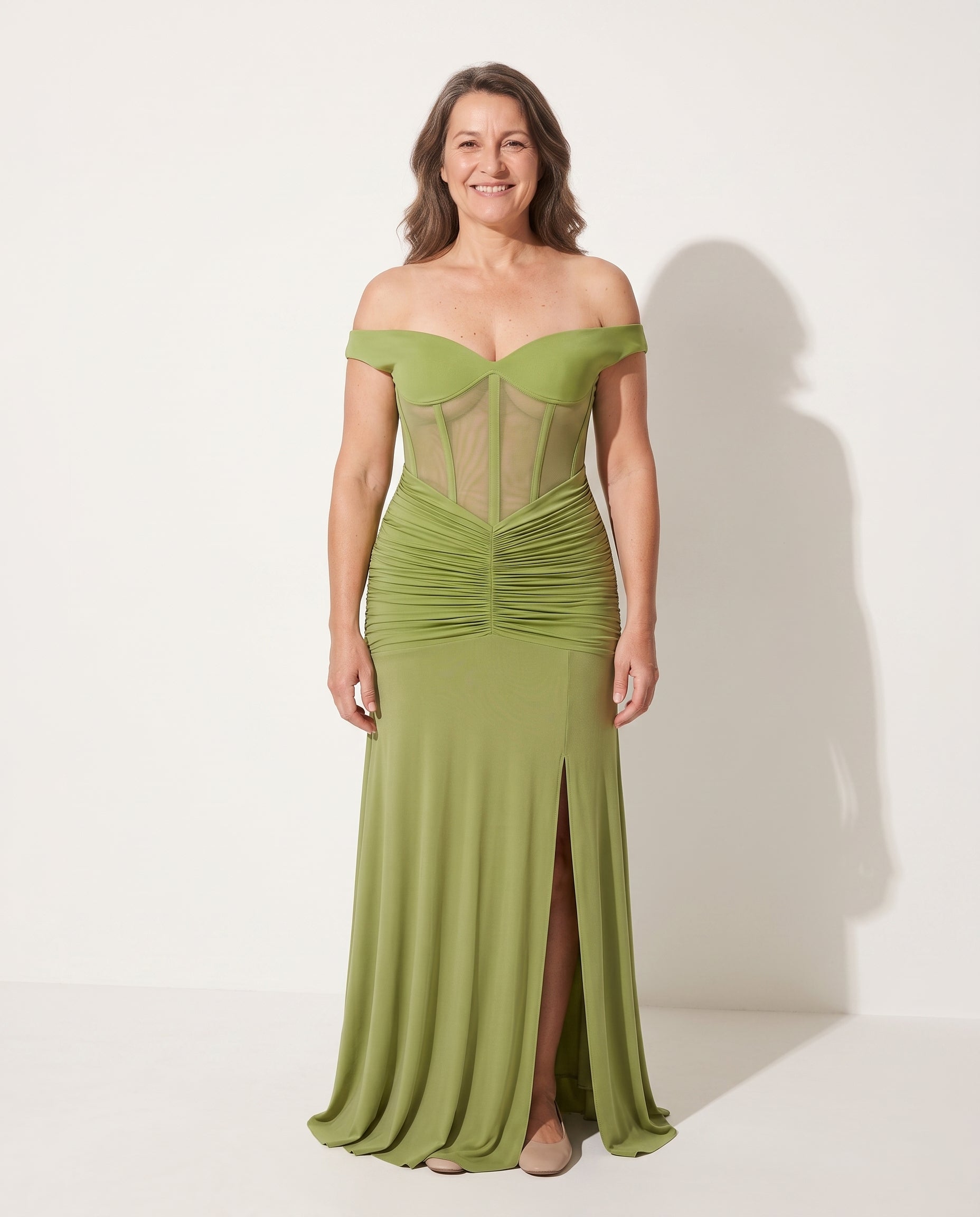 Camille | Off Shoulder Ruched Mesh Evening Maxi Dresses — voorkant