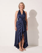 Amandine | Halter Neck Satin Maxi Dress With Ruffle Hem — voorkant