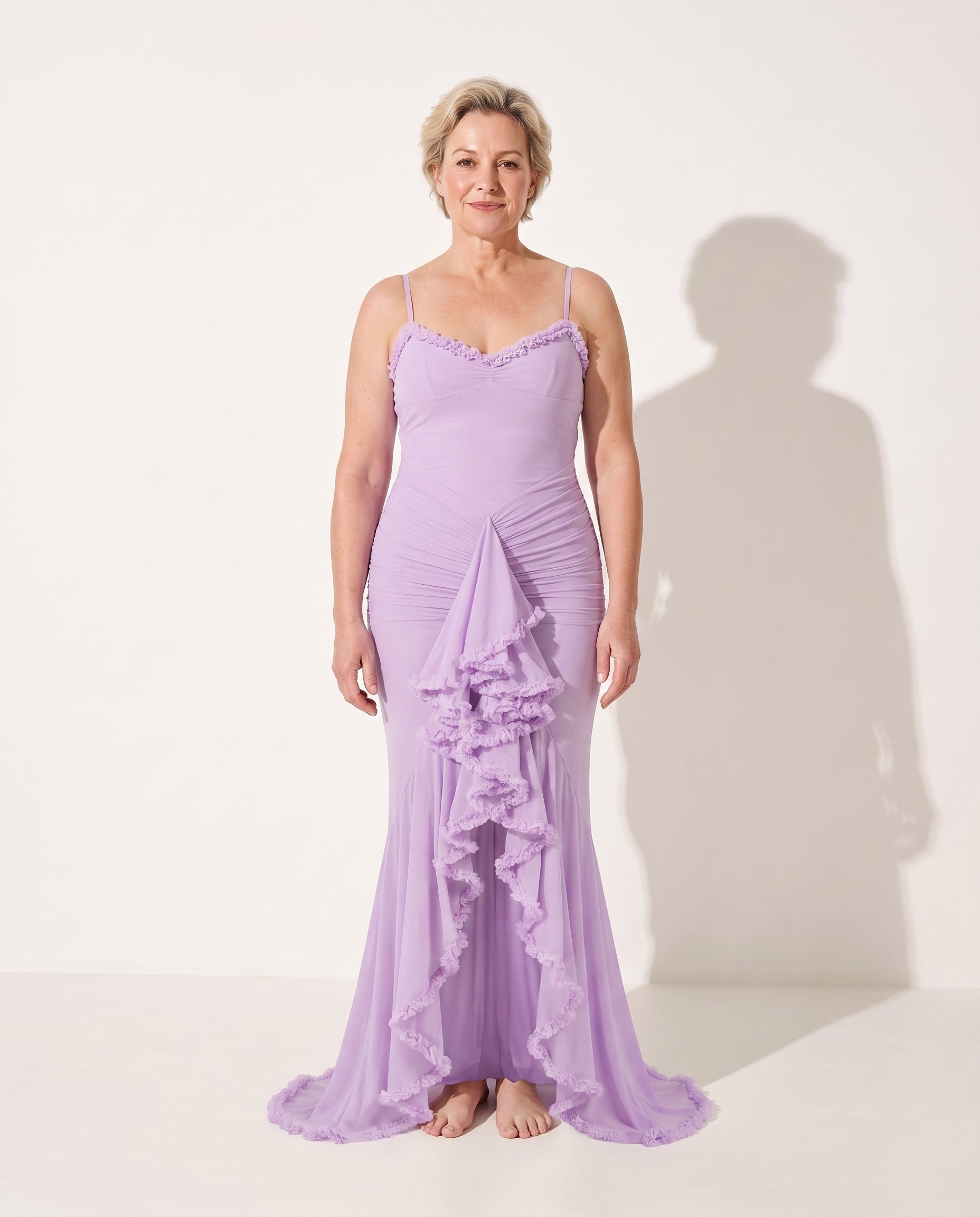 Hermione | Ruffle Spaghetti Strap Evening Maxi Dresses — voorkant