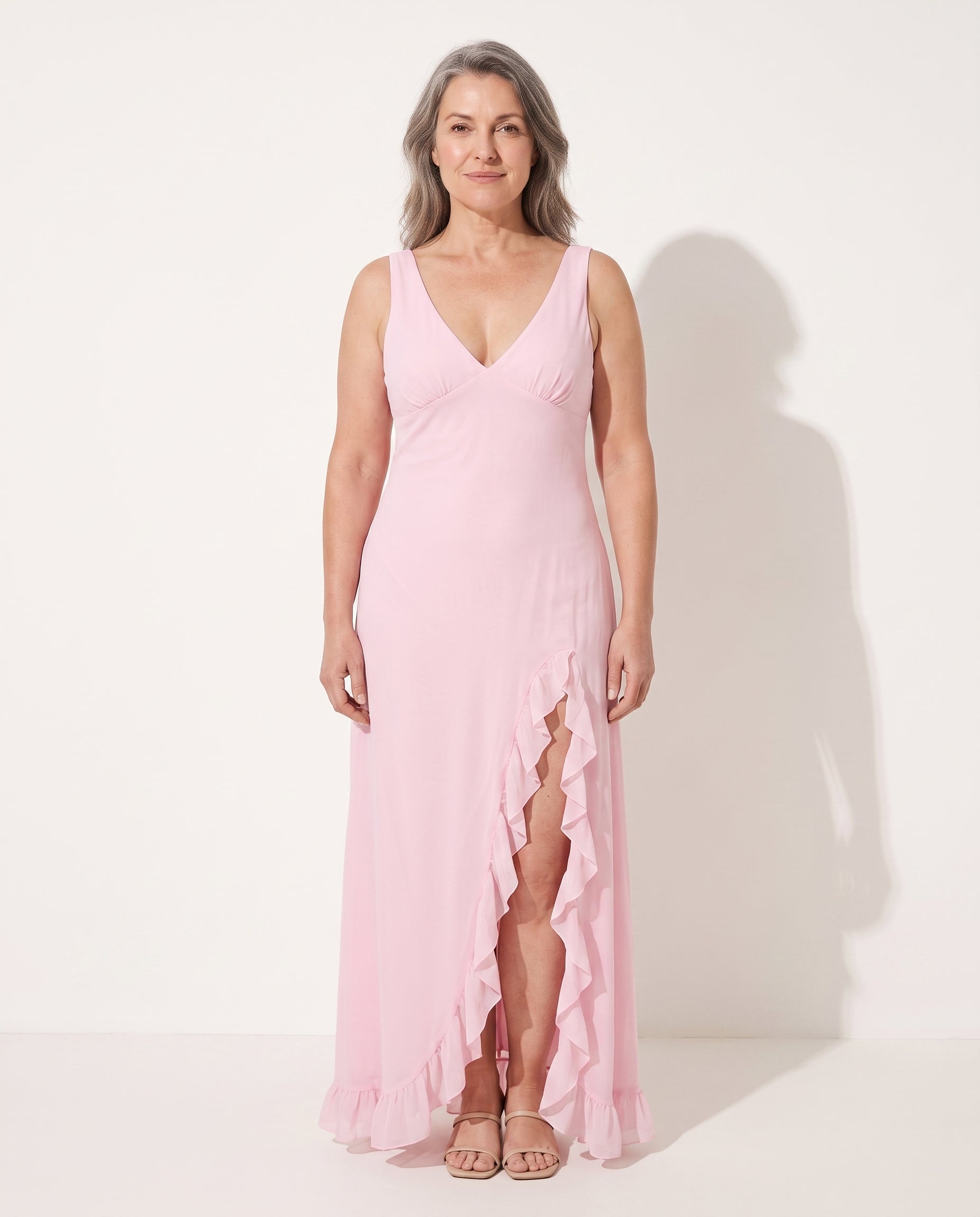Yolanda | Ruffle Split Open Back Evening Maxi Dresses — voorkant