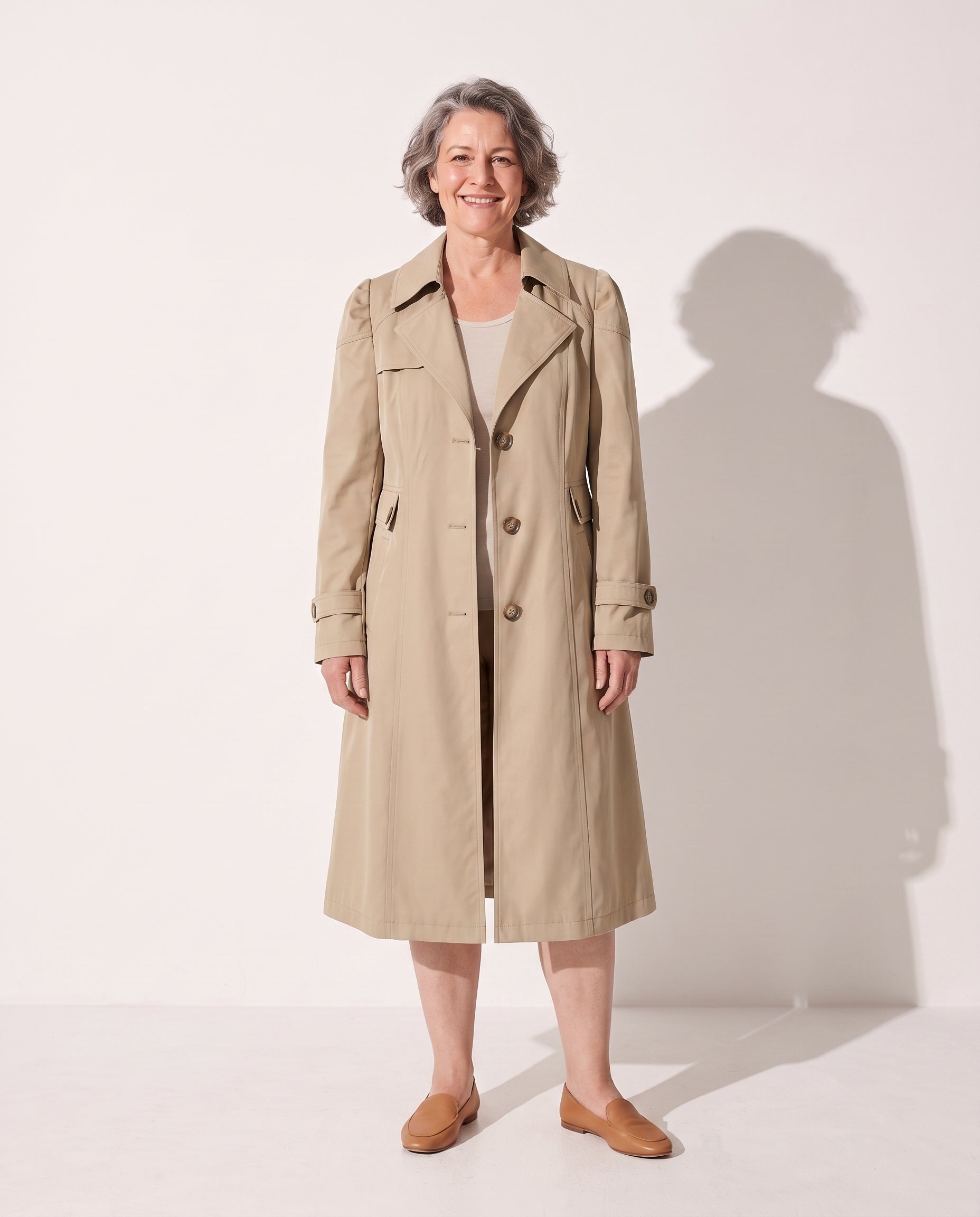 Ophelia | Classic Single Breasted Fur Trim White Brown Trench Coat — voorkant