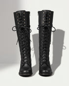 Marguerite | Black Leather Knee High Boots Block Heel Stiletto