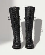Marguerite | Black Leather Knee High Boots Block Heel Stiletto — voorkant