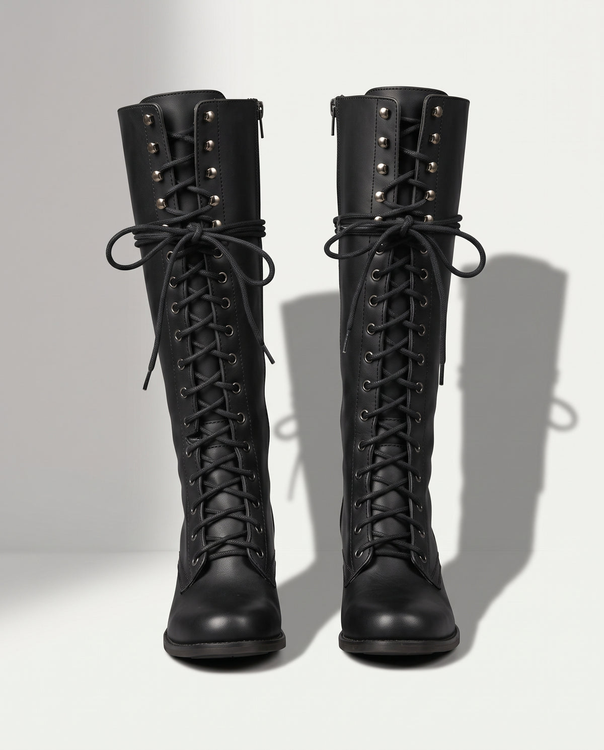 Marguerite | Black Leather Knee High Boots Block Heel Stiletto — voorkant