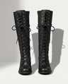 Marguerite | Black Leather Knee High Boots Block Heel Stiletto