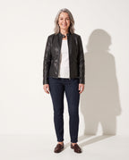 Ingrid | Faux Leather Biker Jacket Black Stand Collar — voorkant