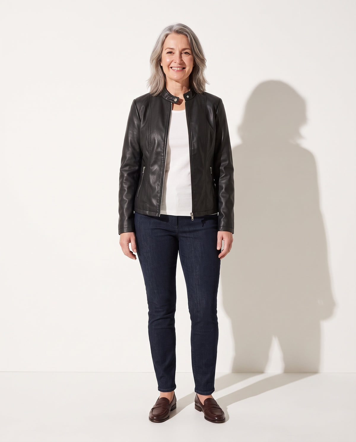 Ingrid | Faux Leather Biker Jacket Black Stand Collar — voorkant